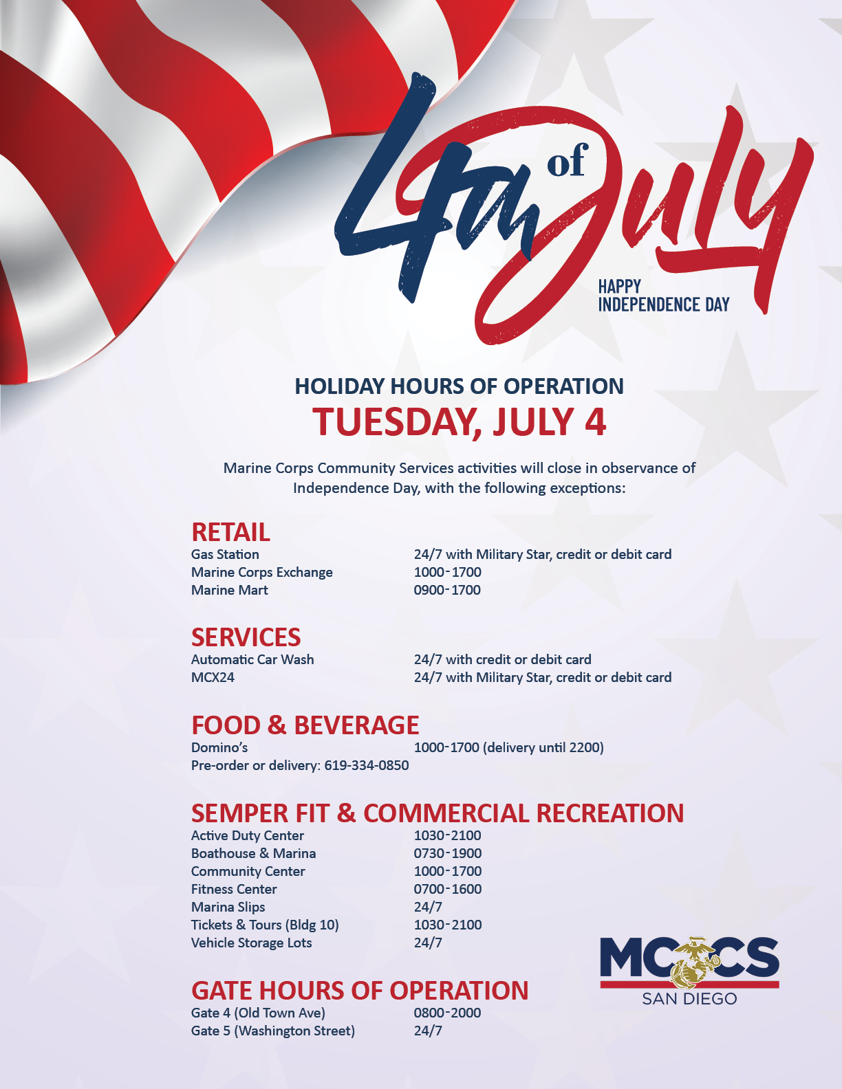 LejeuneNew River 4th of July MCCS Holiday Hours of Operation